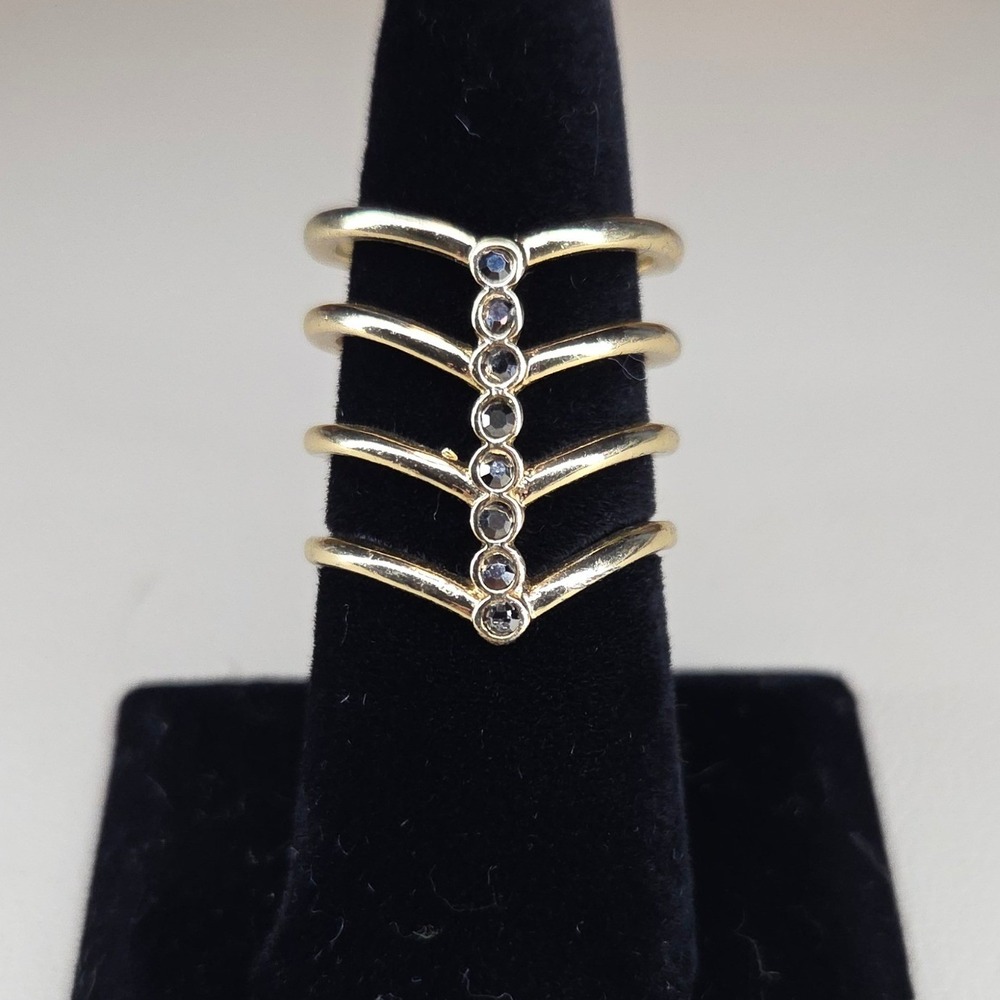 Gold Tone Multi Band Cage Ring Size 7.5 Rhinestone Chevron Statement Jewelry
